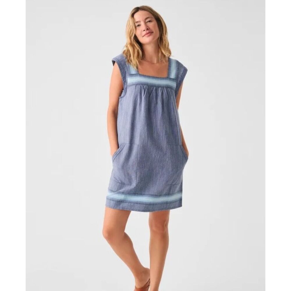 Faherty Hailee stripe trim shift dress with pockets in indigo ombre organic cott